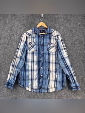 Age Of Wisdom Blue Plaid Western Pearl Snap Long Sleeve Shirt Men’s L Cotton